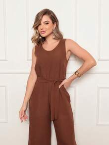 Women's Sleeveless Long Jumpsuit With High Waist Tie Belt And Side Pockets – Elegant And Comfortable - 咖啡棕 - 查看 5