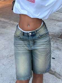 Explosion Simple Casual College Style Women's Loose Low Waist Denim Five-Minute Pants Slouchy Sense Of Summer - Medium Wash - View 4