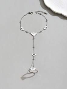 1pc Fashionable White Shell Heart Shaped Stainless Steel Connected Finger Bracelet For Women, High-End Luxury Versatile Celebration Holiday Sexy Ring Bracelet Jewelry - Yellow Gold - View 9