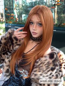 alicegarden Forehead Lace 4 * 1, Forehead Lace Straight Wig, Dirty Orange 28 Inch Daily Natural Semi Woven, Natural Daily Use Realistic Wig