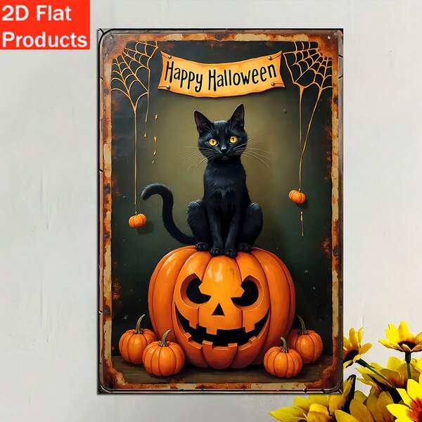 2D Flat - 1pc Vintage "Happy Halloween" Wood Sign With Black Cat & Pumpkin Design, Suitable For Home, Cafe, Bar, Office, Garden & Outdoor Spaces, Halloween Decoration, Perfect For Indoor Decor Home Decor Room Decor