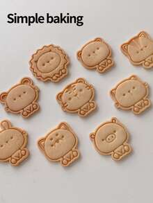 1 件卡通动物图案饼干模具，亲子糖霜饼干工具，开学季便当用品，可爱小动物图案（小猪、小老鼠、小熊、小松鼠、小兔子、小老虎、小猫、小柴犬、小狮子）饼干印章，一个饼干切刀，一个甜点模具。饼干角色。厨房糕点制作工具 - 白色 - 查看 11