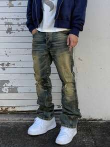 Jeans pitillo de hombre estilo coreano en color amarillo mostaza desgastado, con pierna entallada y roturas, que transmite un estilo de calle veraniega - Bronce - Ver 6