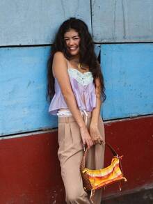 Womens Summer Tie Front Crop Tops Cute Ruffle Ruched Spaghetti Strap Tank Tops Y2K Going Out Shirts - 紫色 - 查看 5