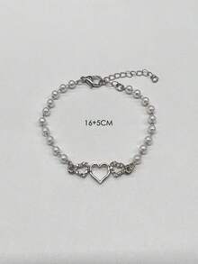1 件时尚、优雅、简约水钻和人造珍珠装饰心形链式手链，适合女性的多功能日常佩戴礼物 - 白色 - 查看 4