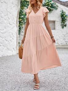 Vestido Maxi Suave y Cómodo de Verano para Dama, Cuello en V, Manga Corta con Volantes, Fresco y Transpirable - Rosa - Ver 4