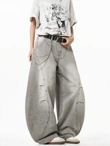 1 件正义兄弟休闲男士宽松破洞牛仔阔腿牛仔裤，日式风格，百搭 - 灰色 - 查看 3