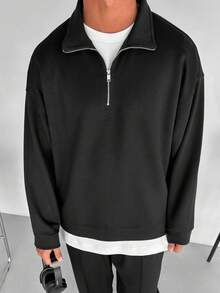 半拉链运动衫男士 Old Money 男士加厚上衣，秋冬 - 黑色 - 查看 2