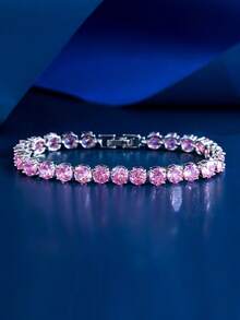 1条非常华丽的粉色立方氧化锆水晶订婚日常派对链网球手链，女士婚礼新娘珠宝礼物 - 粉色 - 查看 9