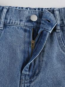 1 条装 女童青少年时尚破洞流苏休闲直筒牛仔裤，街头风格，百搭 - 中等水洗藍 - 查看 6