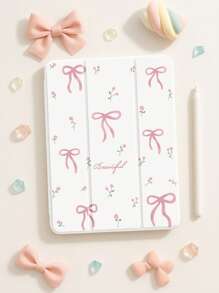 Beautiful Pink Letter Flower Bow Painted Pattern Transparent Silicone Shock-Absorbing Stand With Pen Slot, Suitable For Galaxy Tab A8 10.5, S6 Lite 10.4, S7/S8/S9Inch. It Supports Waking Up From Sleep As A Holiday Gift