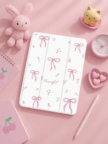Beautiful Pink Letter Flower Bow Painted Pattern Transparent Silicone Shock-Absorbing Stand With Pen Slot, Suitable For Galaxy Tab A8 10.5, S6 Lite 10.4, S7/S8/S9Inch. It Supports Waking Up From Sleep As A Holiday Gift
