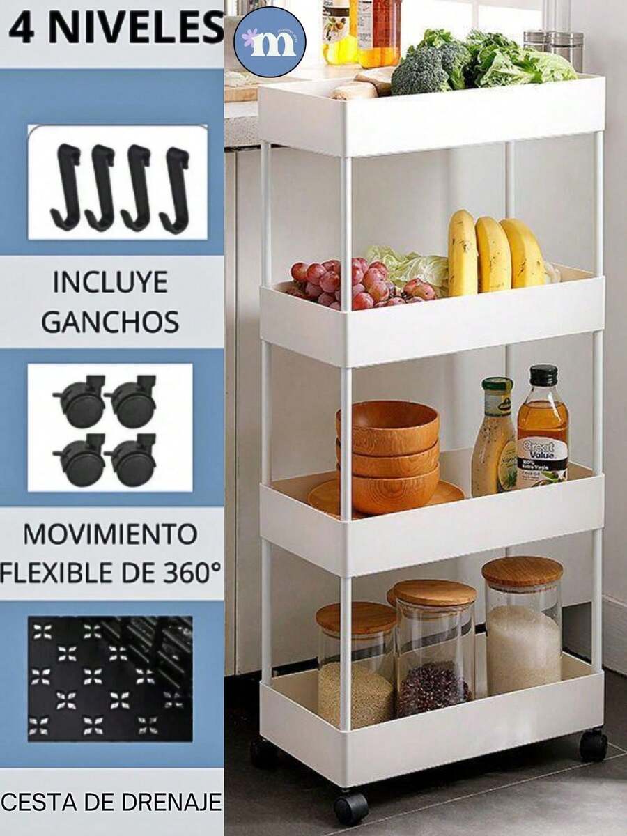Estante De Almacenamiento Para El Suelo De La Cocina, Carrito Organizador, Estante De Almacenamiento Multicapa Para Sala De Estar, Dormitorio, Estante Con Ruedas, Coche Para Aperitivos, Multifuncional de 4 capas. Carrito De Almacenamiento Multiusos Para La Cocina Con Ruedas, Organizador De Especias, Utensilios Y Alimentos 0801, 0802, 0803 - Blanco - Ver 1