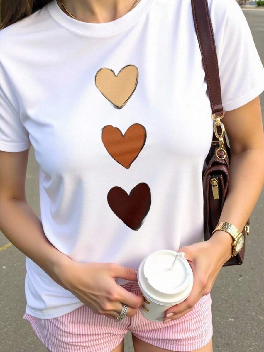 Playera tshirt mujer estampada corazones tonos tierra moderna juvenil suave diseño casual primavera verano - Blanco - Ver 1
