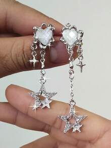 复古风格星形耳钉，带水钻心形 Y2K 裂纹链条设计，创意甜美女孩流苏耳环