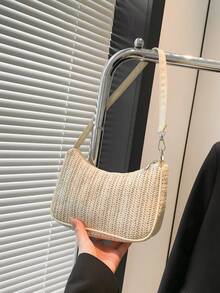 春夏新款编织单肩包腋下法棍包百搭街头逛街小包月牙包度假沙滩编织休闲包上班通勤 - 米色 - 查看 7