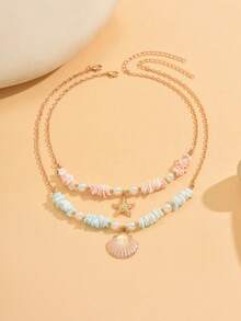 2 件套夏季波西米亚风人造珍珠 CCB 串珠手工链条项链，配合金海星和釉面贝壳吊坠，适合日常佩戴、旅行、派对、约会 - 彩色 - 查看 3