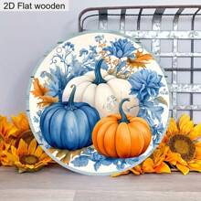 2D Flat, 1pc Charming Blue Colorful Flowers Pumpkin Pattern Wooden Sign Ornament Autumn Thanksgiving Hanging Decoration Ornament Festival Decoration Plaque Hanging Door Decoration Wall Decoration Home Decoration Holiday Gifts Thanksgiving Gifts