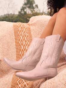 Women'S Cowboy Western Boots Point Toe Pull On Cowgirl Boots  Embroidered Detail Chunky Heeled Back To School Music Festival  Matching Dress Mid Calf Pink Boots - 淺粉色 - 查看 7