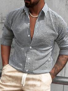 男士休闲条纹纹理面料衬衫，舒适柔软，亲肤透气，适合居家或户外穿着，休闲通勤皆宜，百搭简约优雅风格，宽松版型男士上衣 - 黑色 - 查看 5