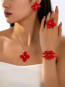 4 件套优雅喷花吊坠项链和耳环套装，别致的设计 - 玫紅色 - 查看 1