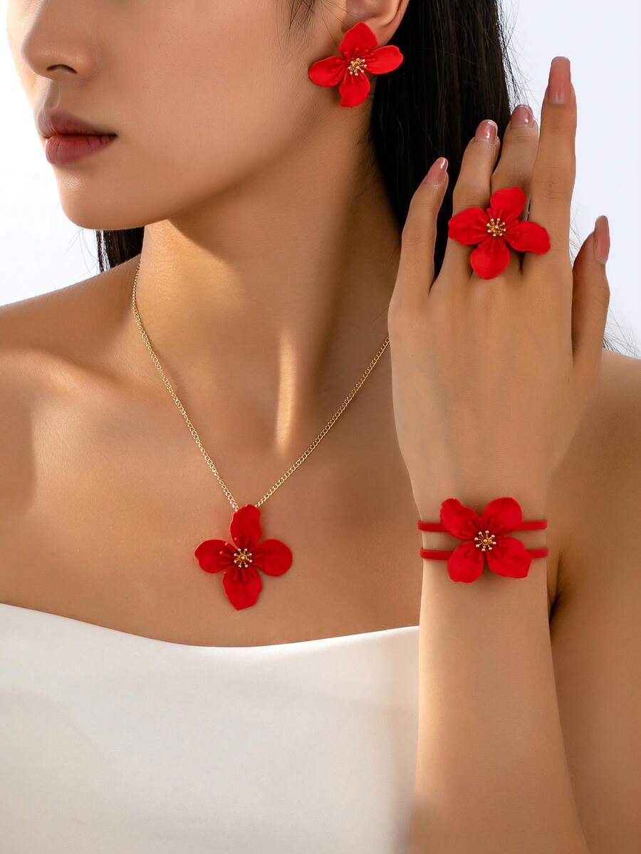 4 件套优雅喷花吊坠项链和耳环套装，别致的设计 - 玫紅色 - 查看 1