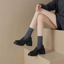 New Pure Color Round Toe Small Leather Shoes Thick Sole Thick Heels JK Lolita Cosplay Loafers Single Shoes - Black - View 9