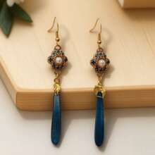 复古新中式风格吊坠耳环，长款垂坠设计，适合夏季派对假日日常佩戴 - 紋菀含珠 - 查看 4