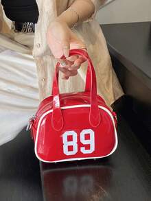 时尚新款女士手提保龄球包，简约别致的数字印花纯色 PU 涂层，带有金属装饰，底部铆钉装饰，双拉链开口，轻巧宽敞，适合旅行、购物、约会