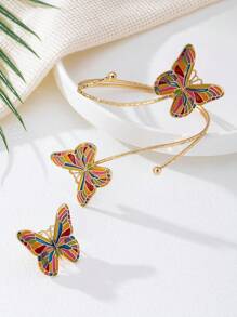 Designer Fashion Vintage Colorful Enamel Butterfly Decorated Pendant, Bracelet, Ring, Earring, Arm Band Jewelry Set, Suitable For Women Beach Vacation Wear, Excellent Gift Choice For Festivals