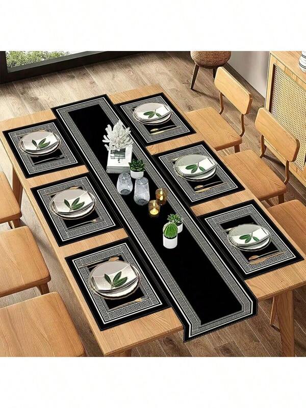 5/7 Pcs Geometric Greek Key Pattern Table Cloth, Black Rectangle Table Runner Decor, Seasonal Kitchen & Dining Table Decoration, Suitable For Home, Holiday, Wedding, Party