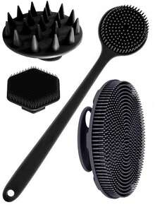 Bộ 4 bàn chải massage toàn thân bằng silicon - 1 bàn chải chà mặt, 1 bàn chải chà lưng cán dài, 1 bàn chải tắm ngắn, 1 bàn chải chải tóc da đầu, bàn chải làm sạch mặt và toàn thân cầm tay không dùng điện có tay cầm chống trượt, làm sạch và massage hiệu quả cho mọi bộ phận cơ thể - màu đen - Xem 6