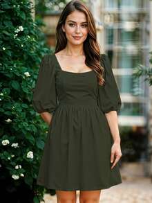 Women Short Dresses - Army Green - View 3