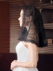 1 件女士短款单层镂空蕾丝边头巾，面纱头饰，适合婚礼、派对、摄影
