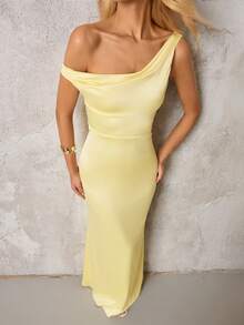 Cold Shoulder Ruched Trim Mermaid Hem Bodycon Elegant Formal Evening Gowns(Zipper,Sexy,Elastic Force) - Yellow - View 7