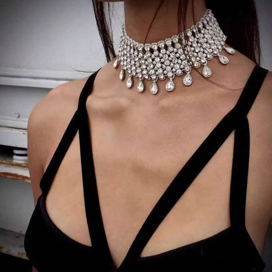 Vintage Boho Full Rhinestones Choker Necklaces Tassel Jewelry Sexy Shining Full Rhinestone Choker Necklace Layered Pendant Chunky Chain Necklace Wide Collar Necklaces For Women And Girls Lady Party Jewelry