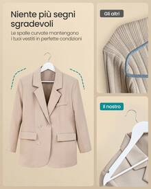Grucce Appendiabiti Legno, 20/30 Pezzi, Appendini, Salvaspazio, Scanalature su Spalle, Gancio Girevole a 360°, Legno di Betulla, per Pantaloni Giacche, Bianco - Bianco - Visualizzare 4