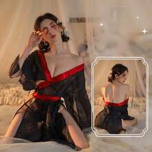 Black Japanese Style Kimono Outfit Sexy Lingerie Uniform Pure Desire No-Take-Off Pajamas Print - 黑色 - 查看 6