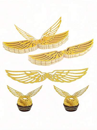 20pcs Gold Wizard Wings (With Adhesive Dots) Packaging Paper Decorations, Elegant Glitter Paper Feather Design, Suitable For Christmas Tree Decor, Birthday Party And Fantasy Themed Event Packaging Supplies