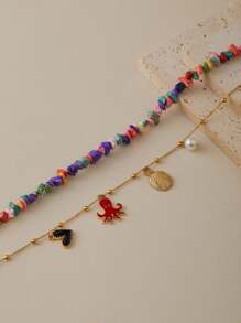 2pcs Bohemia Beach Holiday Style Seashell Starfish & Fish Tail Multi-Layer Colorful Stone Anklets