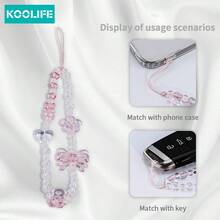 1pc Koolife Crystal Beaded Chain, Butterfly & Heart Pendant Strap, Suitable For Phone/Wrist/Earphone/Camera, Short Mobile Phone Lanyard, Bag Keychain, Gift For Mother, Family, Friends, Birthday, Festival, Phone Case Decoration - Style D - View 3