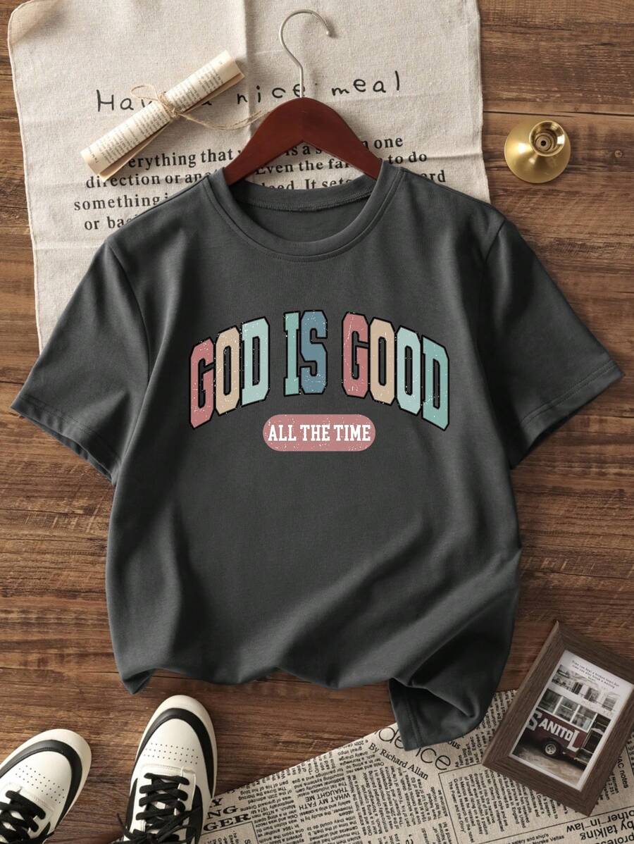 1pc Girls' Casual Letter Graphic Print Round Neck Short Sleeve T-Shirt, Summer Student Clothing - Colorful Letter Series Artistic Style T-Shirt Inspiring Imagination And Self-Expression