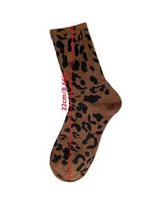 1 Pair Leopard Print Socks, Women's Mid-Calf Socks, Brown Leopard Print Pile Socks, Grey Long Socks, Sporty Socks, Women's Matching German Training Shoes - Multicolor - View 2