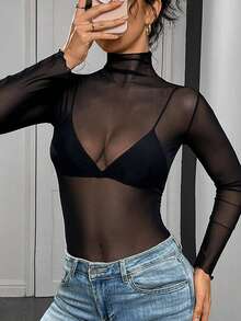 Europe And The United States Ladies Solid Color Sexy Ultra-Thin Mesh Stretch Tight Long-Sleeved Semi-Transparent Bottoming Shirt