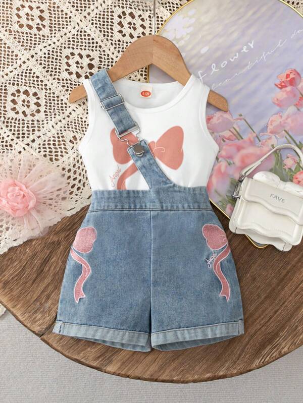 2pcs/Set Baby Girls Casual Versatile Bow Print Sleeveless Top + Cute Casual Bow Embroidery Denim Overalls