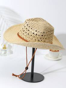 1pc Unisex Solid Hollow Out Cowgirl Hat Sun Hat Wide Brim Handmade Sun Visor Windproof Rope Cowboy Hat Perfect Beach Hat Straw Hat For Outdoor - Multicolor - View 3