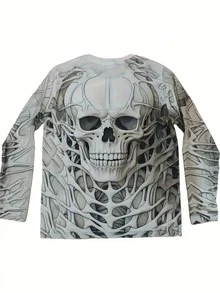Men's 3D Printed Skull Pattern Long Sleeved T-Shirt, Casual Round Neck, Polyester Knitted Fabric, Slightly Elastic, Regular Pullover, Breathable Street Style, Lightweight And Breathable, Suitable For All Seasons, Give Gifts To Friends - Multicolor - View 3