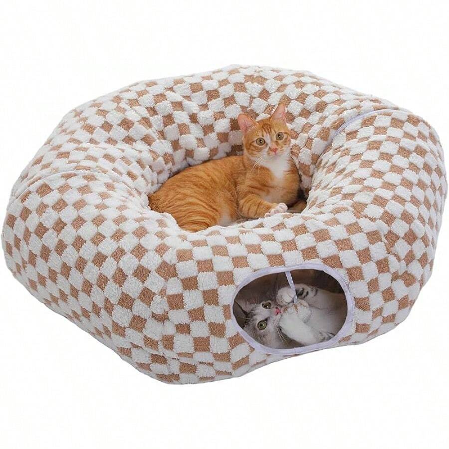 Cat Tunnel With Cat Bed For Indoor Cats, Cat Play Donut Tunnel With Washable Soft Plush Mat, Round Tunnel Toys Cute Tube For Kittens, Puppies, Rabbits And Ferrets, Brown-Ygh
