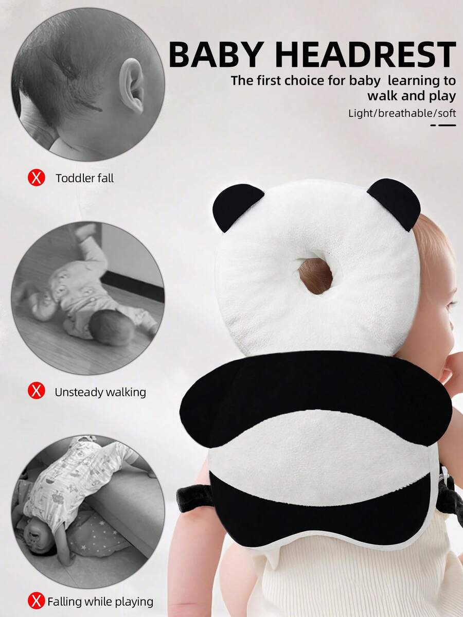 1个新款熊猫头枕防摔垫，幼儿防撞帽，婴儿头枕，婴儿爬行防撞工具，可调节婴儿头部保护垫背包 - 卡通动物设计，适合学步、爬行和婴儿学步车 - 貓熊款 - 查看 1