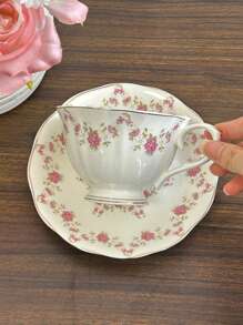 1set (1 Cup + 1 Saucer) Vintage Floral Ceramic Coffee Cup And Saucer Set, Hand-Painted Pink Flower Latte Mug For Office, Home, Afternoon Tea, Gifts Back To School